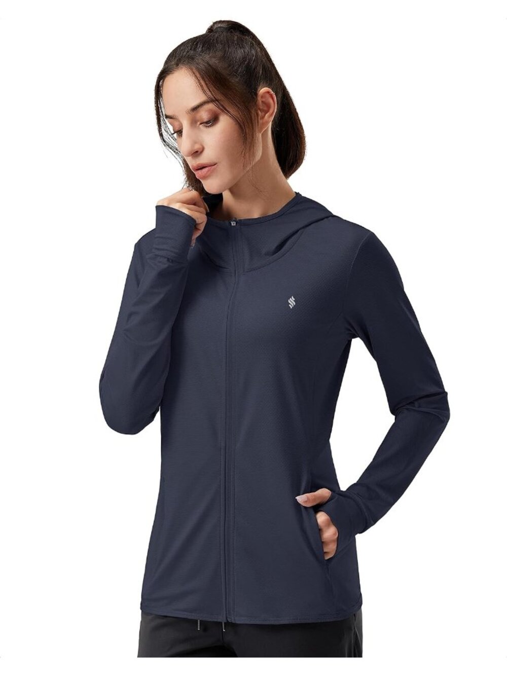Women F-navy Blue Hoodie Thumbhole Long Sleeve Inner Pockets Full ZIP Jacket